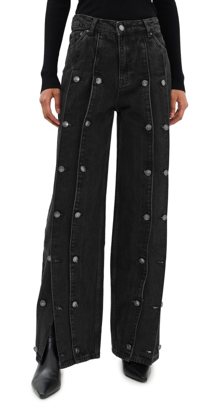 ROTATE Button Detail Wide Jeans Black Denim
