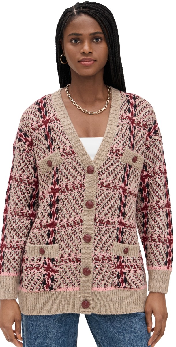 L'AGENCE Macie Houndstooth Cardi Natural/Pink/Burg/Black Sequin