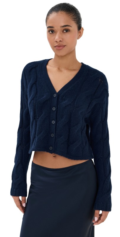 Sablyn Jolie Cropped Cashmere Cable Cardigan Midnight Navy