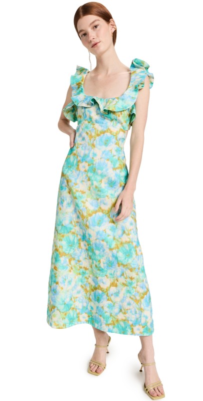 Zimmermann High Tide Frilled Midi Dress Aqua Ikat Floral
