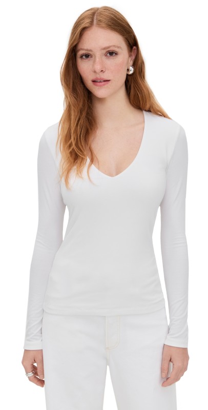 James Perse Stretch Rib Double Front Deep V Tee White
