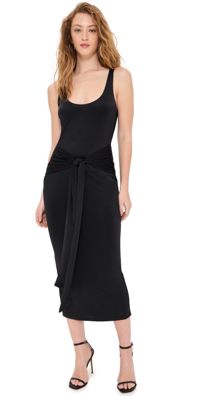 Good American Slinky Jersey Ruched Midi Dress Black001