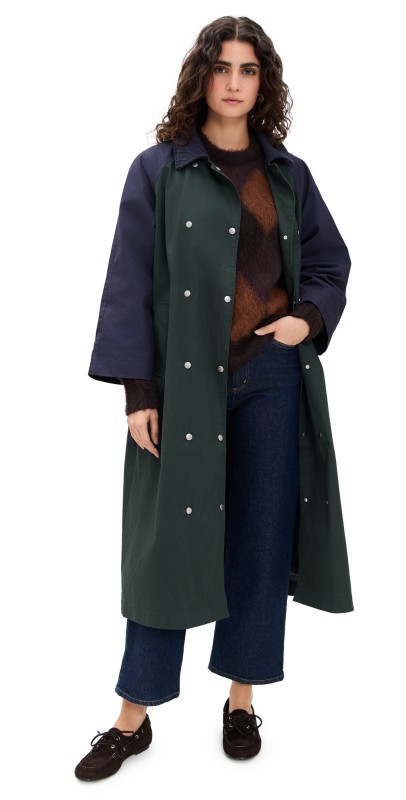 The Tiny Big Sister Color Blocked Trench Coat Bottle Green