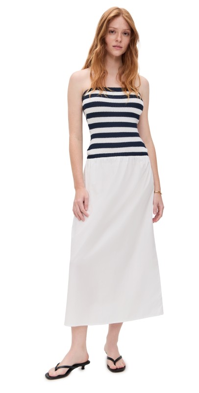 Onia Crochet Knit Poplin Maxi Dress Deep Navy/White