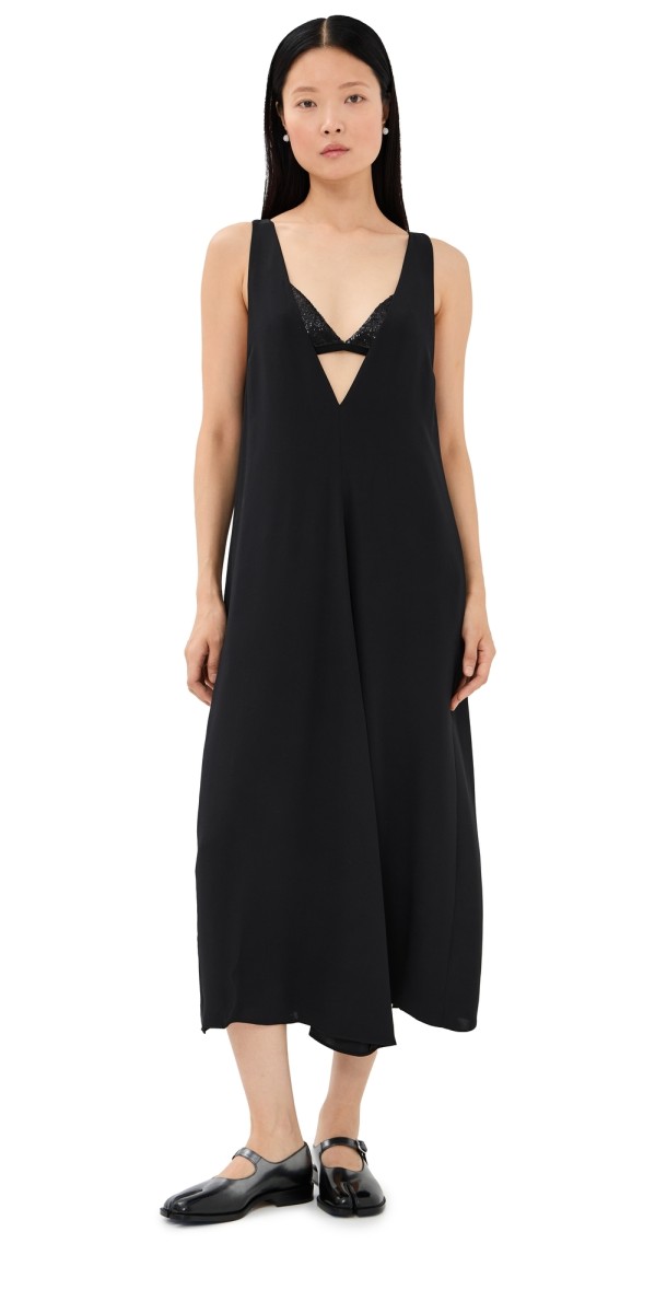 Tibi 4 Ply Silk V Neck Dress with Bra Black