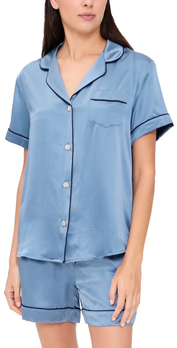 Petite Plume Silk Short Sleeve and Shorts Pajama Set Blue