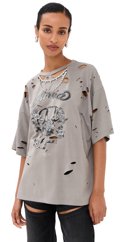 AREA Distressed Crystal Embellished Graphic T-Shirt Iron