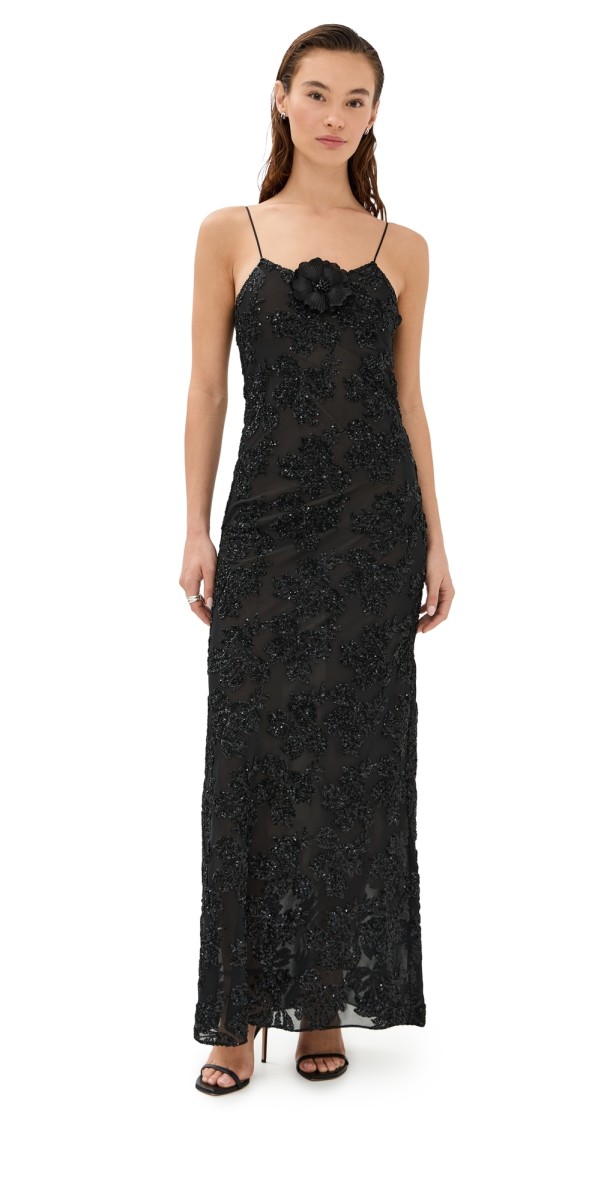 Rodarte Floral Sequin Embroidered Slip Gown with Silk Floral Pin Black