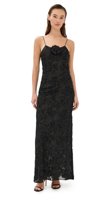 Rodarte Floral Sequin Embroidered Slip Gown with Silk Floral Pin Black