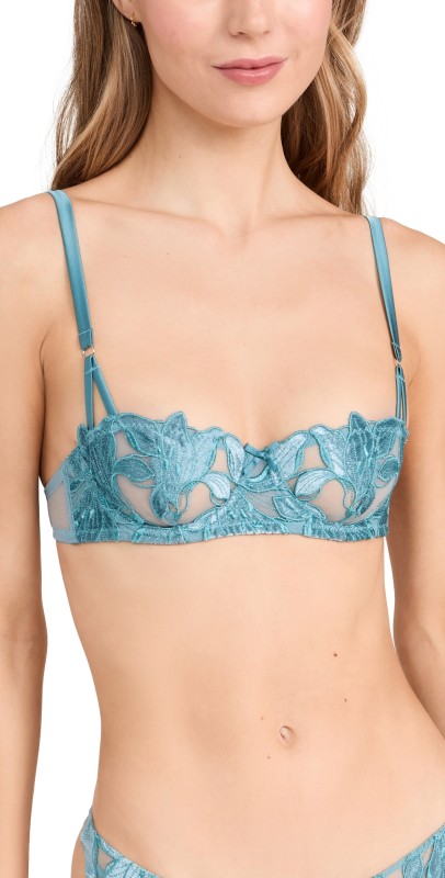 Fleur du Mal Velvet Lily Embrodiery Balconette Bra Icy Teal