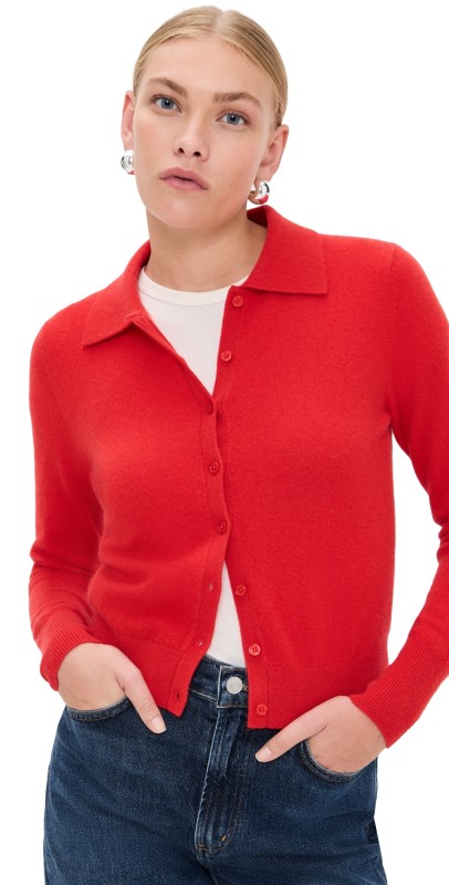 White + Warren Cashmere Collared Cardigan French Red