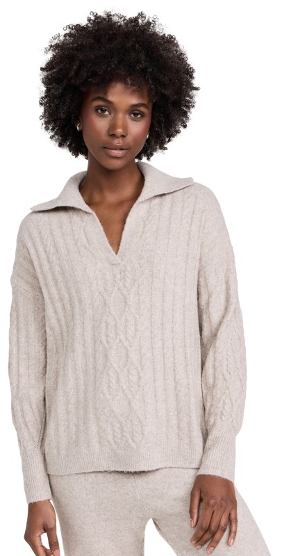 Splendid Stassi Cable Polo Sweater Tawny Heather