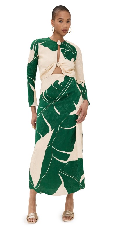 Johanna Ortiz Into The Wild Ankle Dress Palm Shadows/Ecru/Green