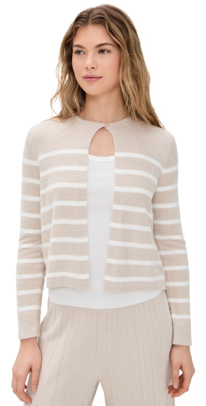 Barefoot Dreams Cozy Chic Lite Striped Cardigan with Button Stone/Pearl