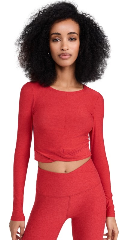Beyond Yoga Featherweight Center Stage Cropped Long Sleeve Tee Ruby Red Heather