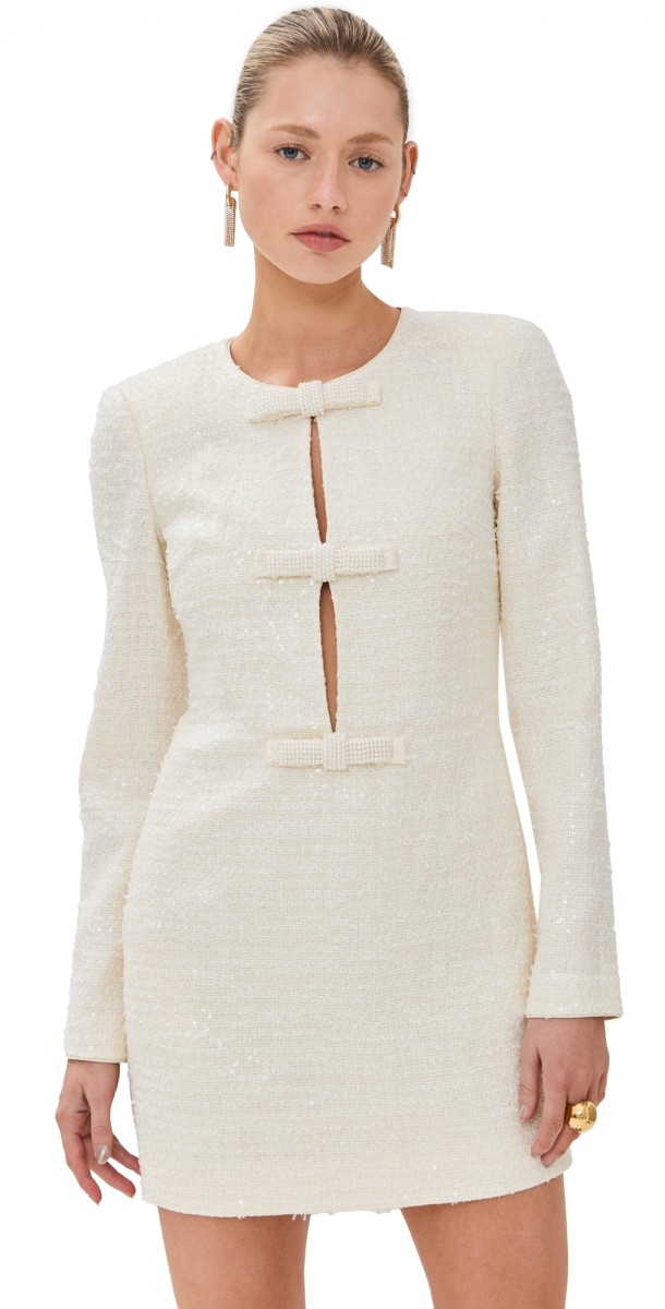 Self Portrait Cream Boucle Diamante Bow Mini Dress Cream