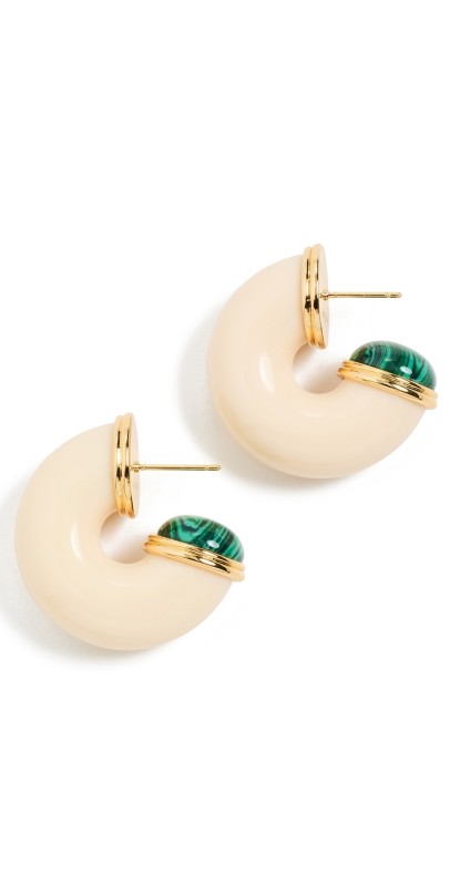 Kenneth Jay Lane Malachite End Hoop Earrings Gold/Ivory/Malachit