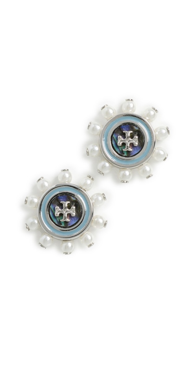 Tory Burch Crystal Stud Earrings Blue/Pearl