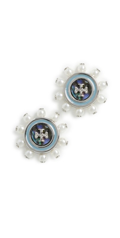 Tory Burch Crystal Stud Earrings Blue/Pearl