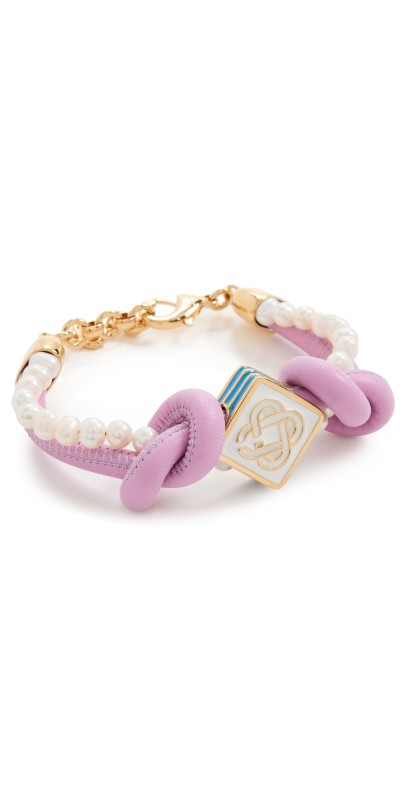 Casablanca Knotted Leather & Gold Plated Pearl Bracelet Pink & Whit