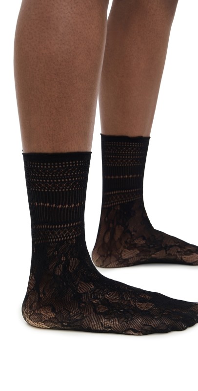 Stems Peony Lace Crew Socks Black