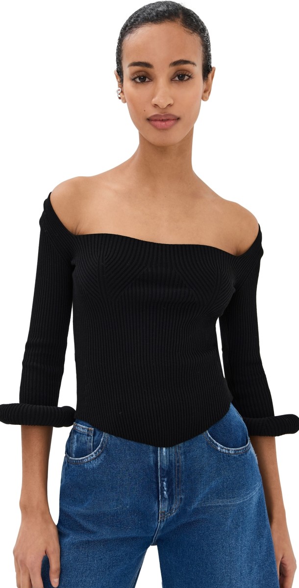 A. W.A. K.E. MODE Knit Top With Square Decollete & Doughnut Sleeves Black