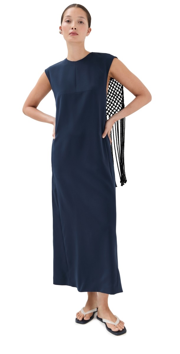 Tibi Stretch Silk Nylon Macrame Dress Dark Navy