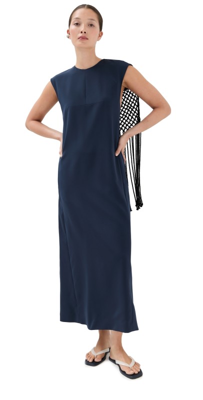 Tibi Stretch Silk Nylon Macrame Dress Dark Navy