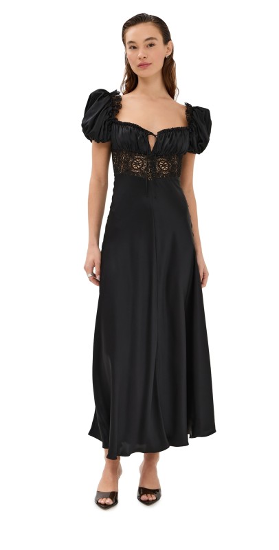 Rodarte Satin Bias Dress with Gathered Bust and Black Lace Detail Black