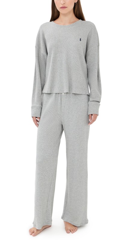 Polo Ralph Lauren Crew Neck Wide Leg Pajama Set Heather Gray