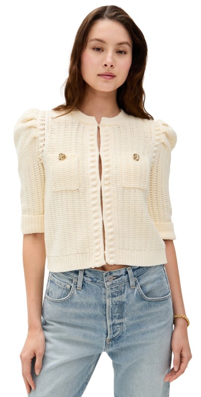 L'AGENCE Delilah Crop Textured Cardigan Vintage White/Gold Knot