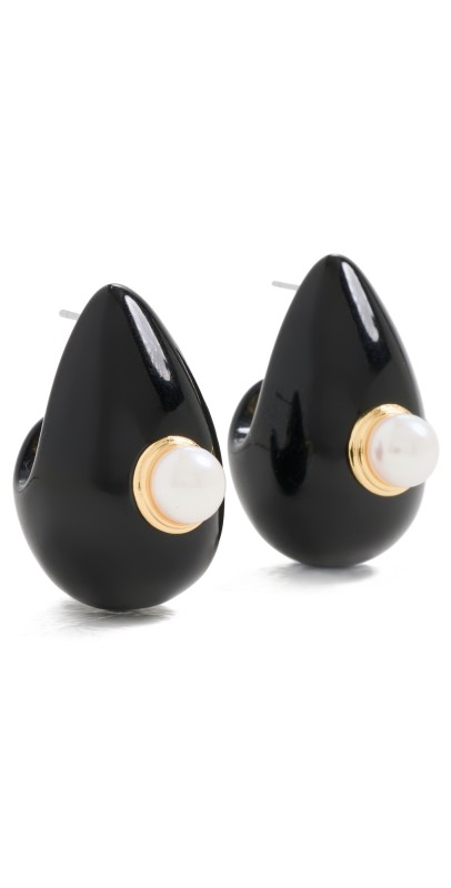 Kenneth Jay Lane Pearl Center Pierced Earrings Gold/Black/Pearl