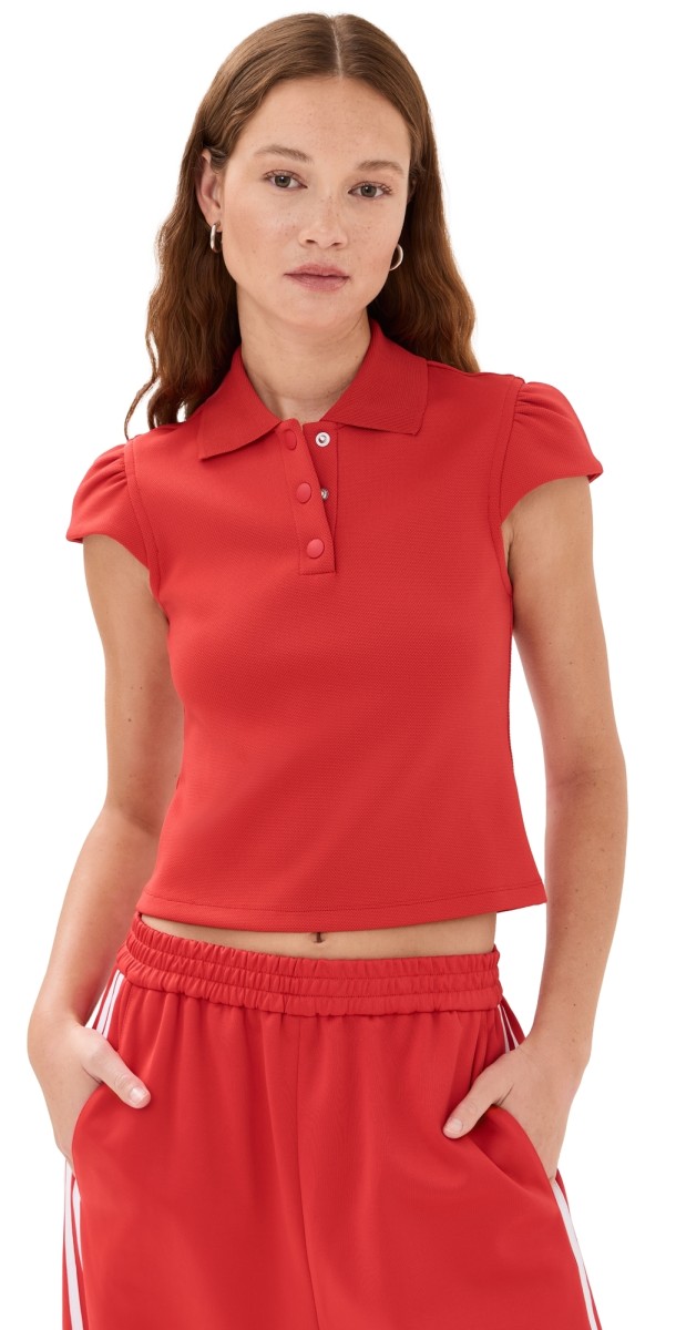 Tibi Luxe Pique Shrunken Polo Shirt Red