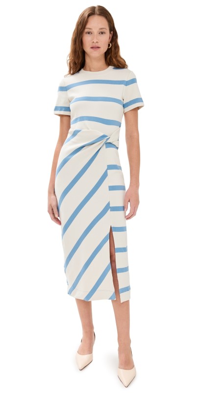 Tanya Taylor Short Sleeve Striped Cody Dress Cream/Blue Bird Wide Stripe