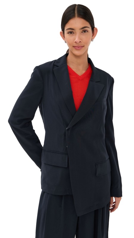 Tibi Relaxed Suiting Assymetrical Wrap Blazer Navy