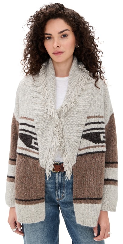 Autumn Cashmere Southwest Cashmere Fringed Shawl Collar Throw Cardigan Brownie Neutral Combo