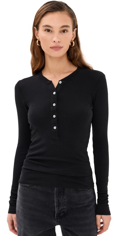 Good American Jeanius Fitted Long Sleeve Henley Black001