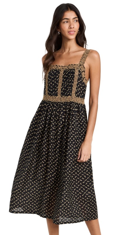 Sea Rosa Embroidery Pajama Slip Dress Black