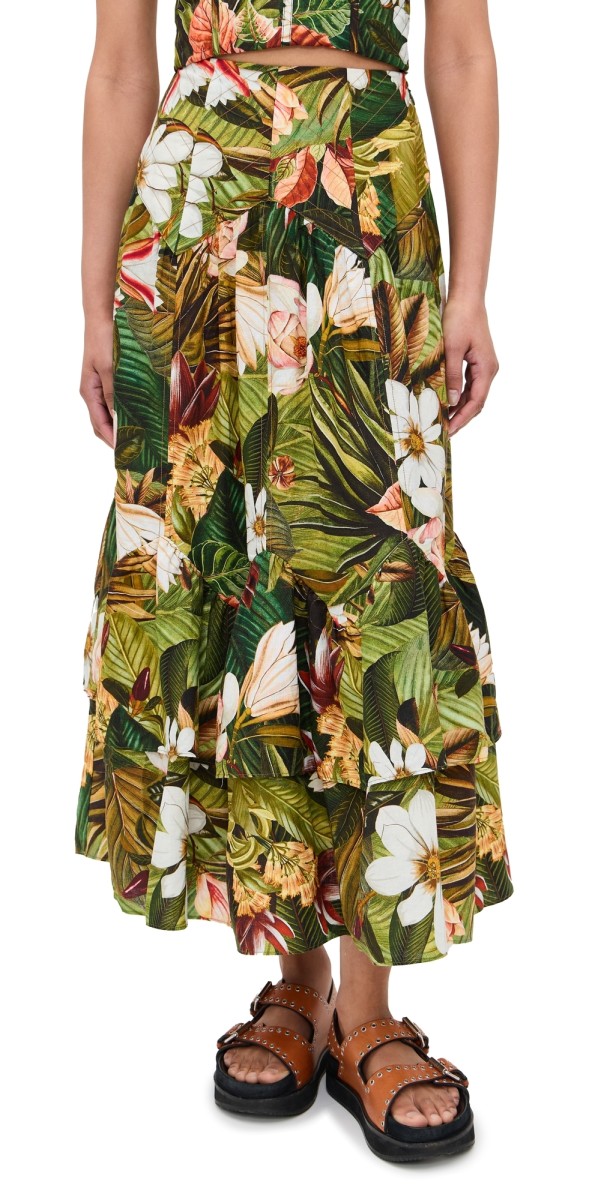 FARM Rio Botanical Forest Asymmetric Yoke Midi Skirt Botanical Forest Multicolor