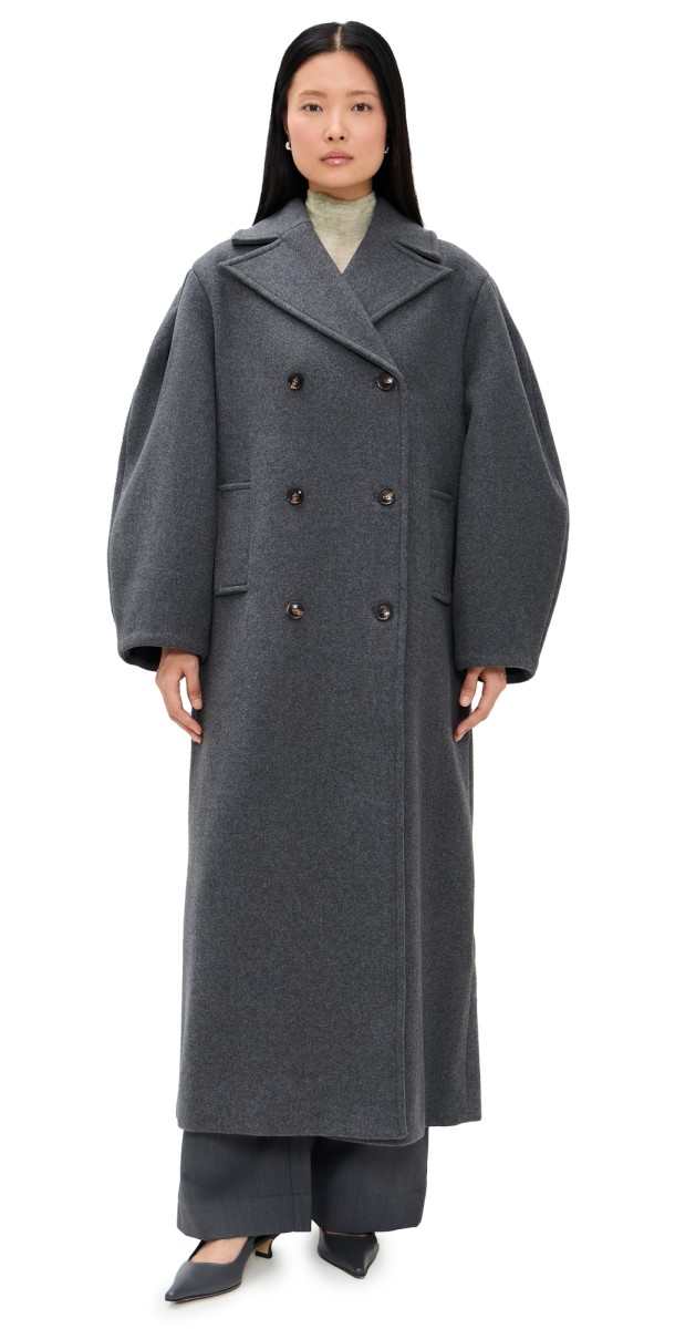 GANNI Peacoat Wool Trench Coat Pewter Melange
