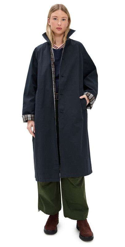 Pixie Market Reversible Plaid Trench Coat Navy