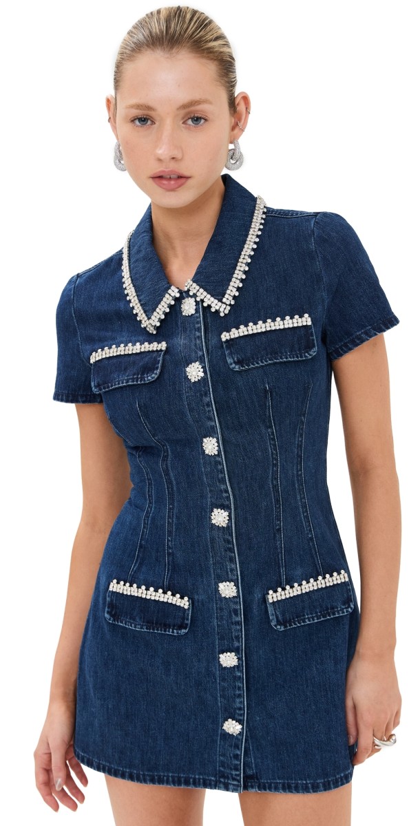 Self Portrait Denim Collared Mini Dress Blue