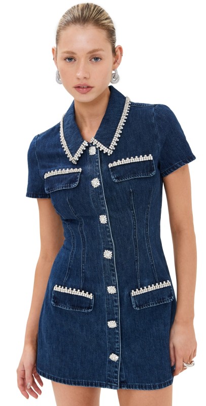 Self Portrait Denim Collared Mini Dress Blue