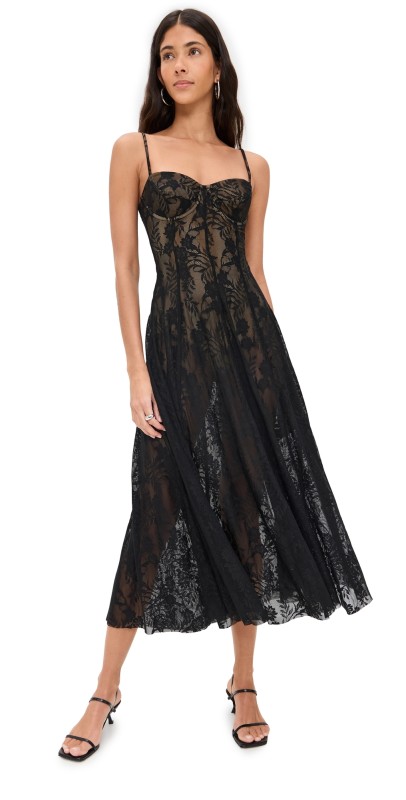 Norma Kamali Underwire Midcalf Dress with Bodysuit Black Stretch Lace/Nude