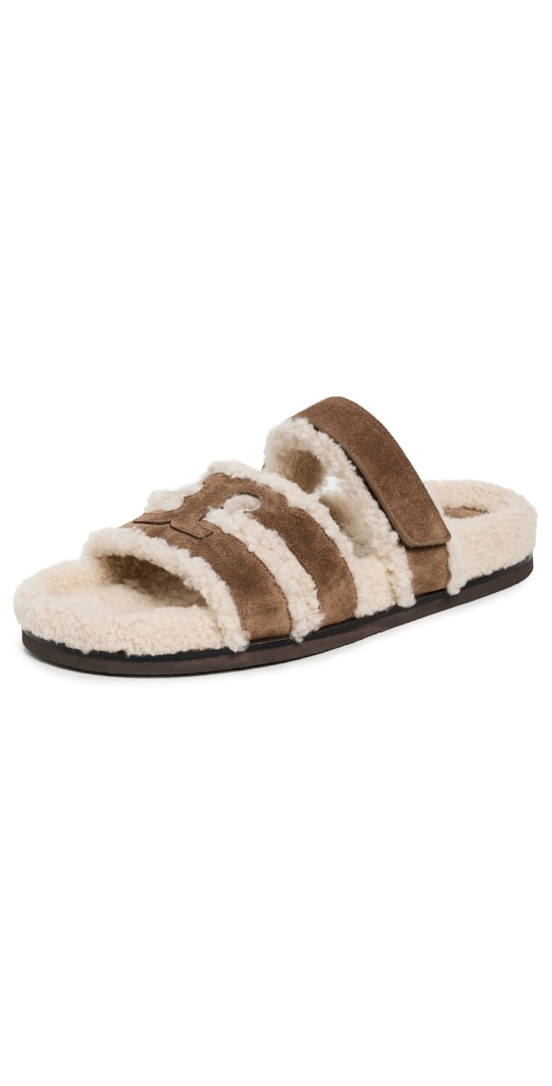 Tory Burch Ines Shearling Sport Slides River Rock/Taupe