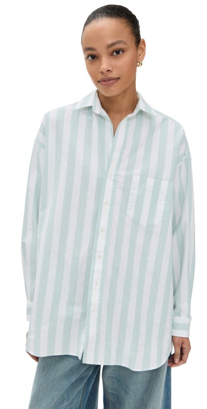 Frank & Eileen Oversized Button Up Shirt Wide Sage Stripe