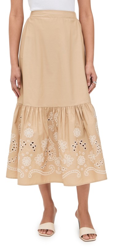 Moon River Eyelet Detail Midi Skirt Khaki