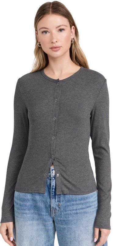 LNA Gabriella Ribbed Snap Henley Dark Heather Grey