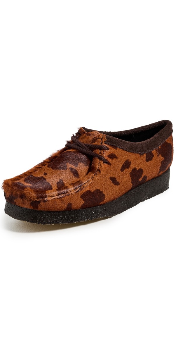 Clarks Cow Hair Wallabee Shoes Brown Cow Print