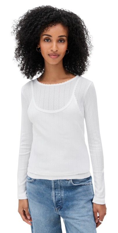 Leset Pointelle Layered Long Sleeve Top White